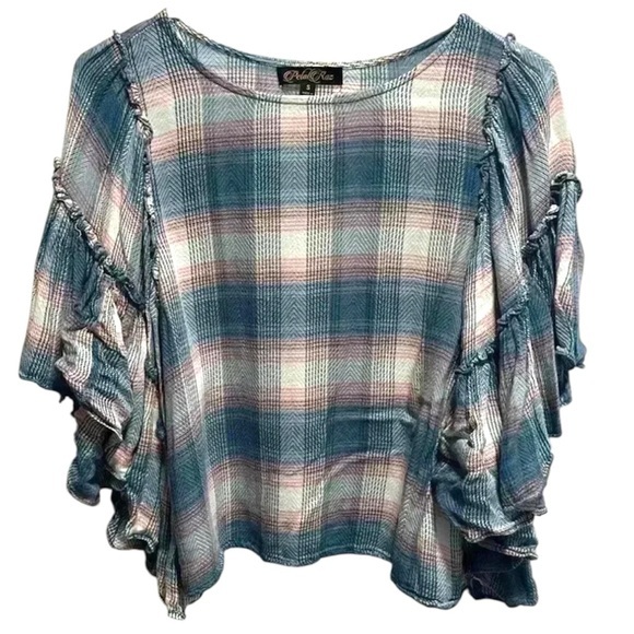 petal roze Tops - PETAL ROSE PINK AND BLUE PLAID FLOWING BELL SLEEVE SLIGHTLY CROPPED TOP